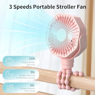 Lerat Portable Stroller Fan with Flexible Tripod, 3 Speeds Rechargeable Handheld Personal Fan, 360°Rotate Battery Operated Clip On Fan for Car Seat Crib Bike Treadmill Pink - Image 6