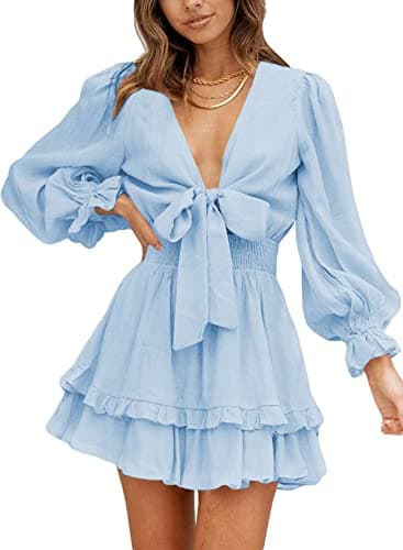 AlvaQ Women Dress 2025 Spring Fall Long Sleeve Mini Dress Summer Sexy V Neck Knot Front Sundress Sky Blue Medium - Image 1