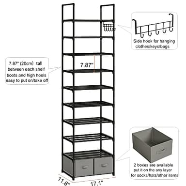 OYREL Tall Shoe Rack Narrow 10 Tier Shoes Rack 20 25 Pairs, Shoe Storage Organizer for Closet, Sturdy Metal Shoe Shelf Shoe Stand with 2 Boxes 1 Hook - Image 3