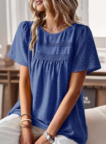 Falechay Womens Summer Tops Round Neck Hook Flower Casual Blouses for Women Dressy Casual Swiss Dot Royal Blue XS - Image 2