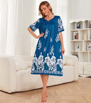 House Dresses for Women Short Sleeve with Pockets Floral Print Mumu Nightgown Lounge Dress - Image 3