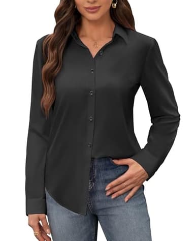 siliteelon Button Down Shirts for Women Black Collared Stain Shield Dress Shirts Wrinkle Free Long Sleeve Business Button Up Shirt Slim Fitted Solid Casual Work Blouse - Image 1