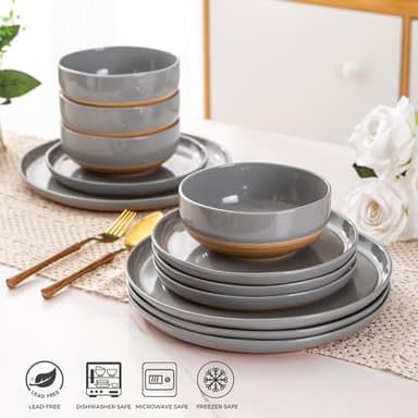 AmorArc Ceramic Dinnerware Sets for 4, 12 Pieces Handpainted Plates and Bowls Set with Rustic Terracotta Underside, Scratch Resistant Stoneware Dishes Set, Dishwasher & Microwave Safe, Gray - Image 4