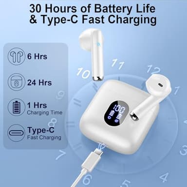 Wireless Earbuds, Bluetooth Headphones 5.4 with ENC Noise Cancelling Mics, 30H Bluetooth Ear buds 3D Bass with LED Display Charging Case, IP7 Waterproof Wireless Earphones for Android, iOS, Pearlwhite - Image 5