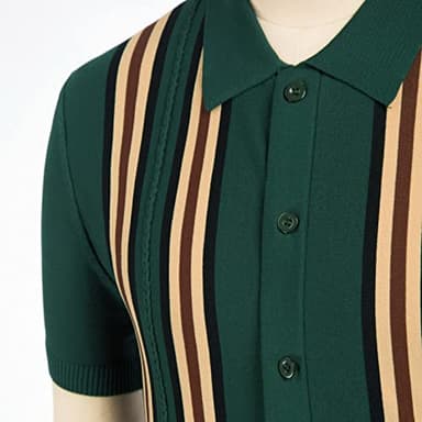 PJ PAUL JONES Mens Retro Striped Polo Shirt Short Sleeve Button Down Knitted Shirts Green XXL - Image 5