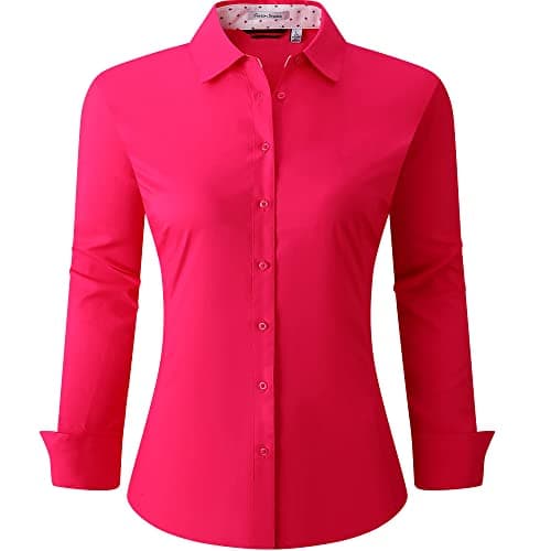 Esabel.C Womens Button Down Shirts Long Sleeve Regular Fit Stretch Work Blouse Rose，L - Image 1