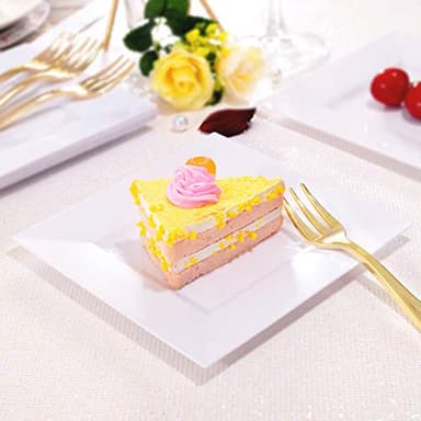 bUCLA 100PCS White Square Plastic Plates-6inch Disposable Cake Plates- Premium Hard Square Small Appetizer Plates for Wedding/Party - Image 3