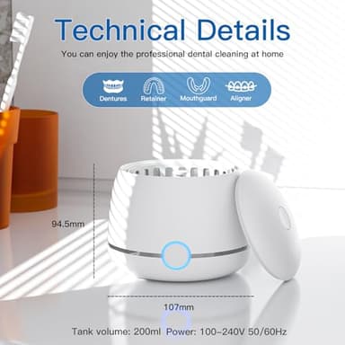 Midomi Ultrasonic Retainer Cleaner, 45kHz Denture Cleaner Machine, 5min and 10min Modes with Rechargable Top Cover, 200ml Dental Cleaning Pod, MouthGuard Cleaner for Aligner NightGuard Jewelry(White) - Image 5