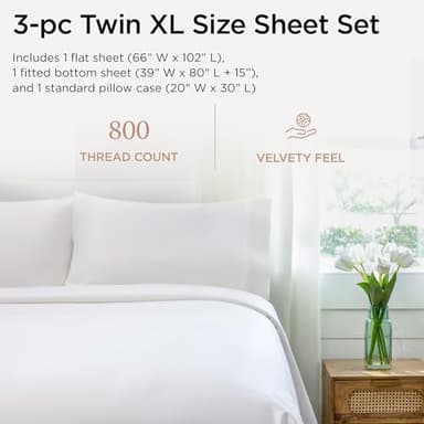 Threadmill Luxury 800 Thread Count 100% Cotton Sheets - Sateen Weave Twin XL Bed-Sheets, Better Than Egyptian Cotton,3 Pc Solid Bedding Set (Hotel White), Fits 15" Deep Pocket - Image 2