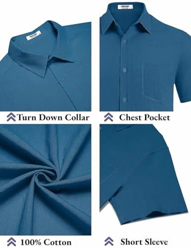 COOFANDY Shirt for Men Short Sleeve Button Down Shirt Linen Shirt with Pocket Sea Blue - Image 5