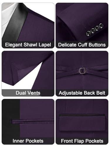 MAGE MALE Men's Slim Fit 3 Piece Suit One Button Solid Shawl Lapel Blazer Jacket Vest Pants Set with Tie Pocket Square Purple - Image 3