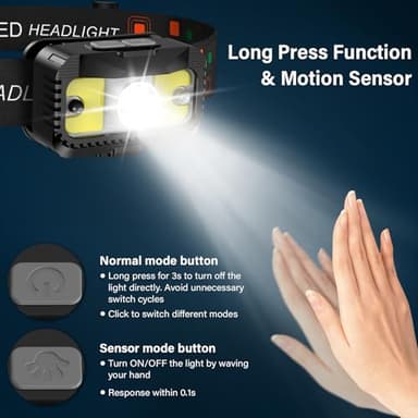 MIOISY Headlamp Rechargeable, Ultra Bright LED Head Lamp Flashlight with White Red Light, 2 Pack Motion Sensor Waterproof Headlight, 8 Modes Lights for Camping Fishing Running - Image 3