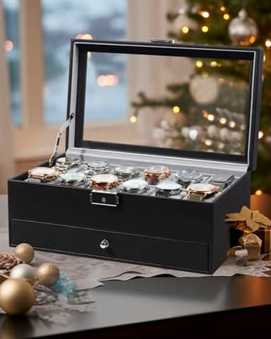 GUKA Watch Box 12 Slot Watch Display Organizer Leather Jewelry Case Drawer Glass Birthday for Men Women, Child Husband Dad - Image 7