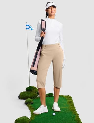 ISEEGZ 18" Dressy Capri Pants for Women High Waist Stretch Womens Golf Capris Pants for Summer with Pockets Work Casual Khaki - Image 4