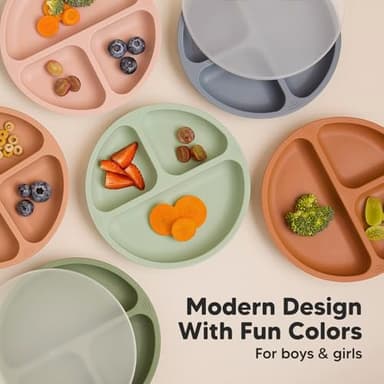 KeaBabies Suction Plates with Lids for Baby - 3-Pack 100% Silicone Toddler Plates with Suction, Divided, BPA-Free Baby Led Weaning Essentials for Kids, Dishwasher, Microwave Safe, Durable (Slate) - Image 9