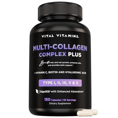 Vital Vitamins Multi Collagen Complex Plus - with Biotin, Hyaluronic Acid, Vitamin C - Type I, II, III, V, X - for Women & Men - Hair, Skin, Nails Beauty Complex - 150 Capsules - Image 1