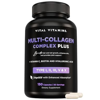 Vital Vitamins Multi Collagen Complex Plus - with Biotin, Hyaluronic Acid, Vitamin C - Type I, II, III, V, X - for Women & Men - Hair, Skin, Nails Beauty Complex - 150 Capsules - Image 1