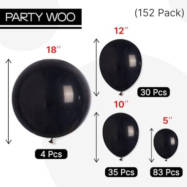 PartyWoo Black Balloons 152 pcs Different Sizes Pack of 18 12 10 5 Inch Matte Black Latex Balloon Arch Kit Garland for Graduation Halloween New Year Anniversary Birthday Party Decorations Black-Y18 - Image 6