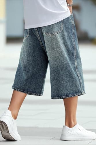 GINGTTO Mens Baggy Jean Shorts Y2k 90s Denim Shorts for Men Long Jorts Men Plus Size Washed Blue 40 - Image 3