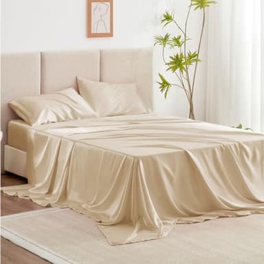 Love's cabin Full Size Satin Sheet Sets - 4 Piece Beige Silky Sheet Set with Deep Pocket, Luxury Silk Feel Satin Sheets Full Bedding Set (1 Flat Sheet,1 Fitted Sheet,2 Pillow Cases) - Image 2