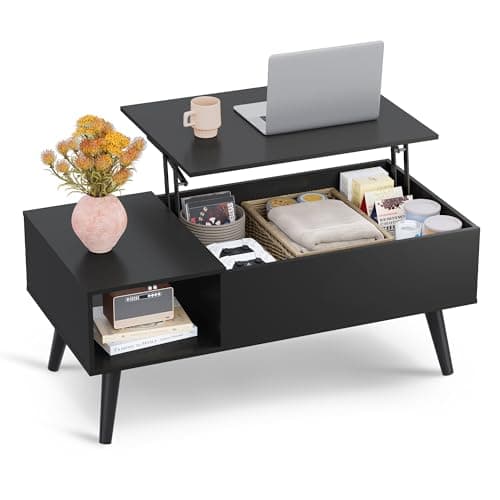 WLIVE Coffee Table for Living Room, Lift Top Coffee Table with Storage, Small Rising Wooden Dining Center Table with Storage Shelf & Hidden Compartment, 39" Black - Image 1