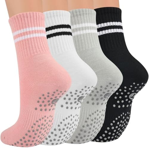 Toes Home Pilates Socks for Women with Grippers, Non Slip Yoga Crew Socks for Barre Hospital Exercise Workout Sticky Athletic Slipper Socks 4 Pairs - Image 1