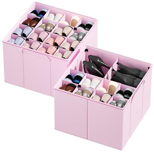 SpaceAid Shoe Organizer for Closet, 2 Pack Foldable Shoe Storage Containers Baskets Boxes Bins w/Adjustable Dividers, Fits 16-32 Pairs, Pink - Image 1