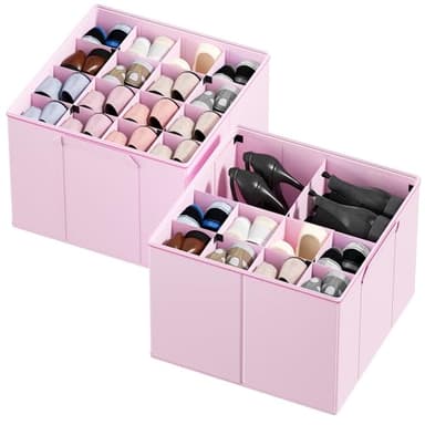 SpaceAid Shoe Organizer for Closet, 2 Pack Foldable Shoe Storage Containers Baskets Boxes Bins w/Adjustable Dividers, Fits 16-32 Pairs, Pink - Image 1