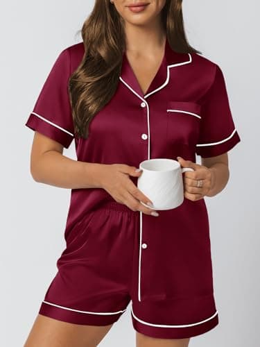 LILLUSORY Silk Satin Pajama Set for Women 2 Piece Lounge Pjs Shorts Matching Summer Sleepwear Button Down Shirt Shorts Burgundy XS - Image 5