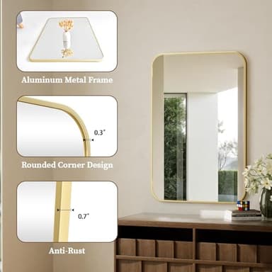 BEAUTYPEAK Gold Rectangular Bathroom Mirror - 30" x 40" Wall Mounted Aluminum Alloy Frame Mirror with Rounded Corners for Bedroom Living Room, Horizontal or Vertical - Image 3