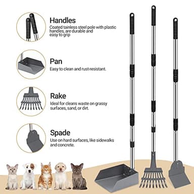 Heeyoo Dog Pooper Scooper, Dog Poop Tray and Rake Set, Pet Waste Removal Scoop with Long Adjustable Sectional Stainless Handles - Image 2
