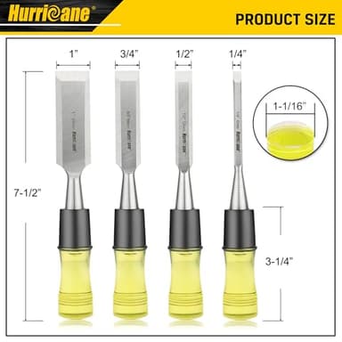 HURRICANE 4 Piece Wood Chisel Set for Woodworking. CR-V Steel Beveled Edge Blades with Safety Caps. Durable PVC High Impact Handle, for Precision Carving & DIY Projects (1/4", 1/2", 3/4", 1") - Image 2