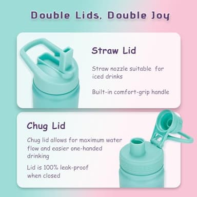 Mininoo Insulated School Water Bottle, 12 oz Stainless Steel Water Bottle with Straw Lid and Chug Lid for Girls, Boys (SKY/PINK) - Image 3