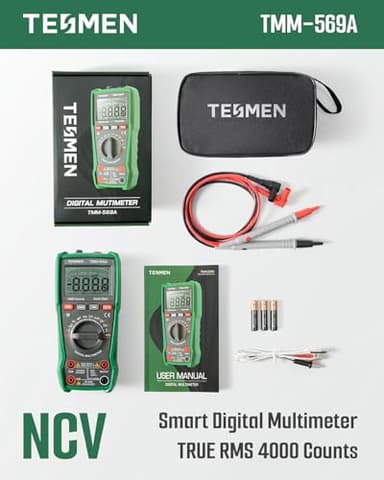 TESMEN TMM-569A Digital Multimeter, TRMS 4000 Counts Ohmmeter, Auto-Ranging Voltage Tester with NCV, Voltage & Current, Resistance, Continuity, Diode, Capacitance, Phase, Temperature, Live Wire -Green - Image 7