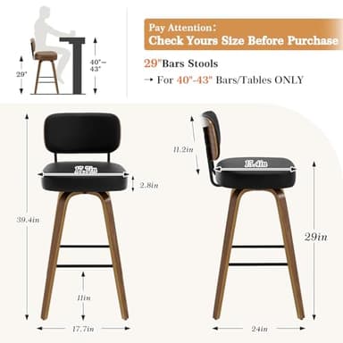Bekrvio Swivel Bar Stools Set of 4, 29" Upholstered Faux Leather Barstools with Back and Bent Wood Legs, Mid Century Modern Bar Chair Island Stool for Kitchen Counter, Black - Image 2