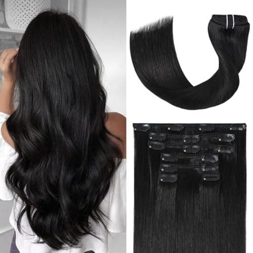 UGOTRAYS Black Hair Extensions Clip in Real Human Hair 120g 20 Inches 100% Remy Human Hair Natural Black Straight Double Weft for Full Head 7pcs 16clips One Pack - Image 1