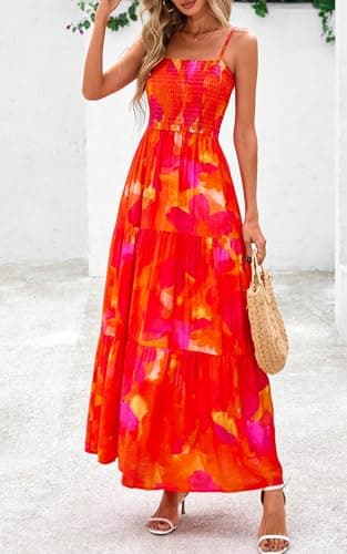 PRETTYGARDEN Summer Dresses for Women 2025 Spaghetti Strap Floral Maxi Dress Sleeveless Smocked Tiered Long Beach Sundress (Orange Red Flower,XXL) - Image 7