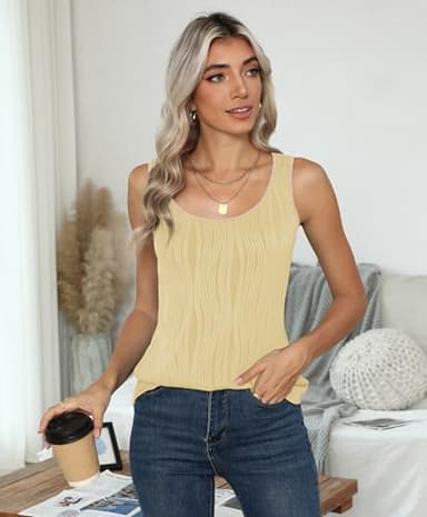 YuYukan Women's Summer Sleeveless Top Slim Fit Textured Stretch Scoop Neck Tank Tops Blouses for Casual Business Workr Light Khaki XX-Large - Image 5