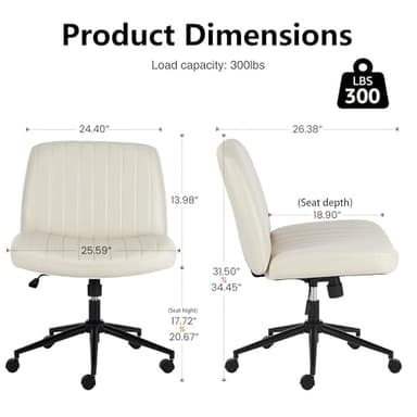 DUMOS Criss Cross Chair with Wheels, Legged Office Armless Wide Desk Seat Dual-Purpose Base, Adjustable Swivel Leather Task Vanity Home Office Desk Seating, Cream - Image 2
