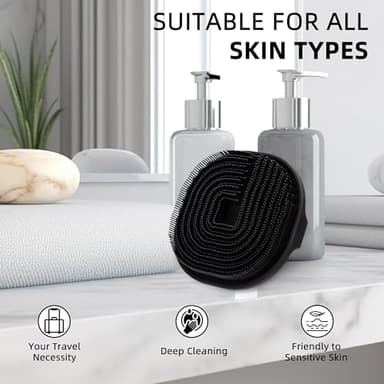 Silicone Body Scrubber, Exfoliating Body Wash Scrubbers Exfoliator, Shower Body Brush for Effective Showering Exfoliation and Gentle Massage, Lather Well and Anti-Slip Handle Loofah (Black) - Image 4