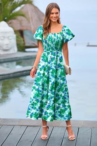 PRETTYGARDEN Women's Casual Summer Midi Dress Puffy Short Sleeve Square Neck Smocked Tiered Ruffle Dresses (Floral Green,Large) - Image 3