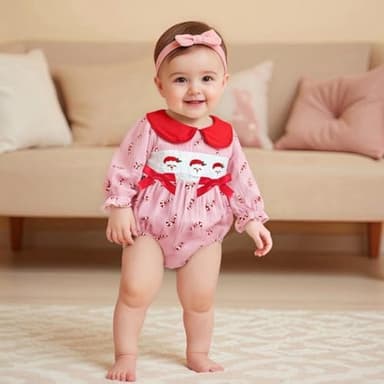 Doisbetthsay Newborn Baby Girls Christmas Outfit Long Sleeve Doll Collar Candy Cane Santa Smocked Romper One Piece Clothes - Image 3