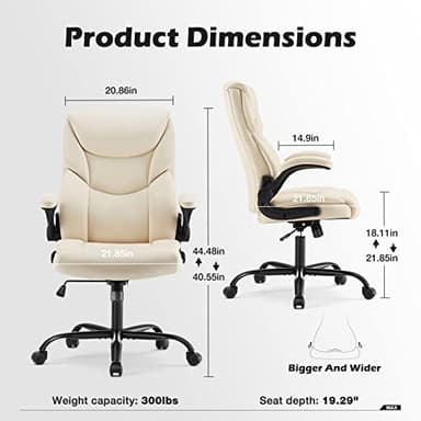 Office Chair - Ergonomic Executive Computer Desk Chairs with Adjustable Flip-up Armrest, Swivel Task Chair with Lumbar Support, Strong Metal Base, PU Leather, White - Image 3