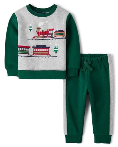 The Children's Place,Baby-Boys,and Toddler Sweatshirt and Sweatpant 2 Piece Outfit,Sprucshad Train Cargo,6 Months,9 Months - Image 1