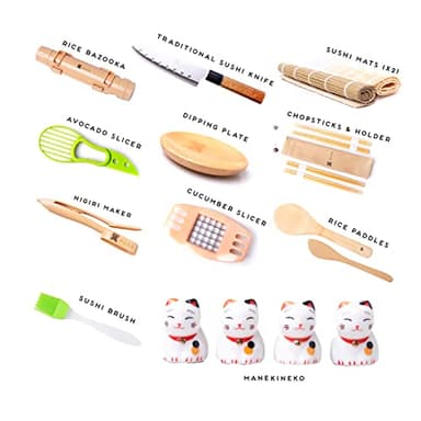 Alas Complete 20 Piece Sushi Making Set - Kit for Beginners & Pros with Knife, 2 Mats, Rice Bazooka and Dipping Plate - Image 9