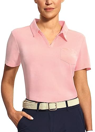 Hiverlay Women's Golf Polo Shirts V Neck Short Sleeve Collared Shirt for Work Casual with Pocket Tennis Tops Quick Dry Pink S - Image 1