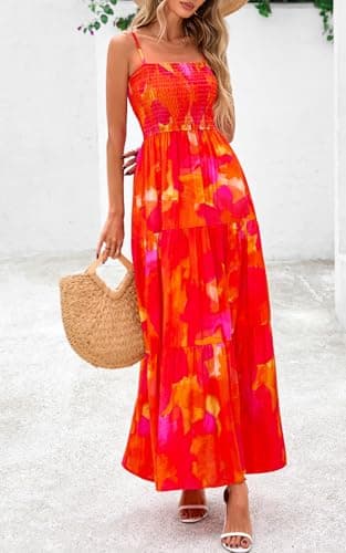 PRETTYGARDEN Summer Dresses for Women 2025 Spaghetti Strap Floral Maxi Dress Sleeveless Smocked Tiered Long Beach Sundress (Orange Red Flower,XXL) - Image 6