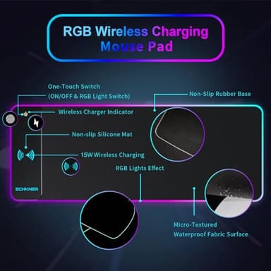 Schkner RGB Gaming Mouse Pad with Wireless Charging 15W, Large Desk Mat 800x300x4mm, 10 Light Modes Keyboard Pad with Non-Slip Rubber Base, Waterproof Mousepad for Gaming PC MacBook Laptop - Image 2