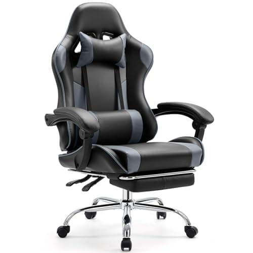 Sweetcrispy Video Game Desk Chair - Ergonomic Computer with Footrest and Comfy Lumbar Support, PU Leather Recliner with Headrest, Fixed Up Armrest, Height Adjustable with 360° Swivel, for Adults, Grey - Image 1