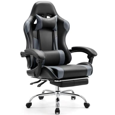 Sweetcrispy Video Game Desk Chair - Ergonomic Computer with Footrest and Comfy Lumbar Support, PU Leather Recliner with Headrest, Fixed Up Armrest, Height Adjustable with 360° Swivel, for Adults, Grey - Image 1